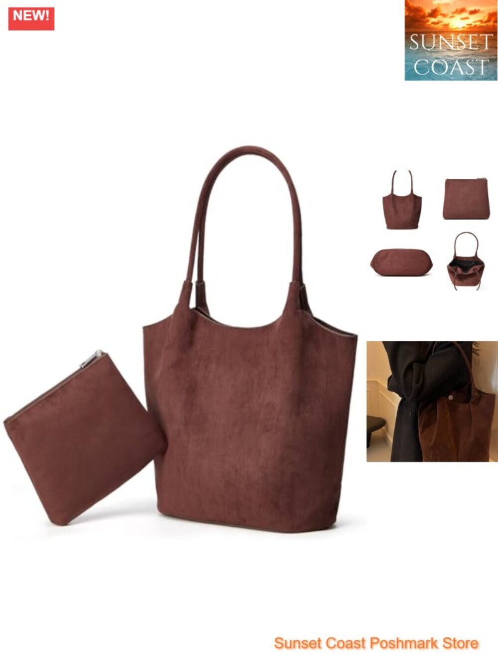 Faux Suede Bucket Tote Shoulder Bag Large Minimalist Compartment Purse